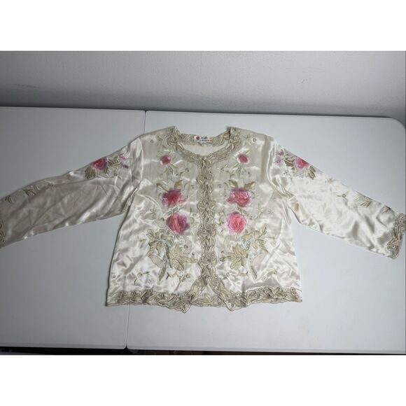 VTG Beautifulleaf Chinese Silk Embroidered Floral Top Blouse Button Up Sz XL - Picture 2 of 12